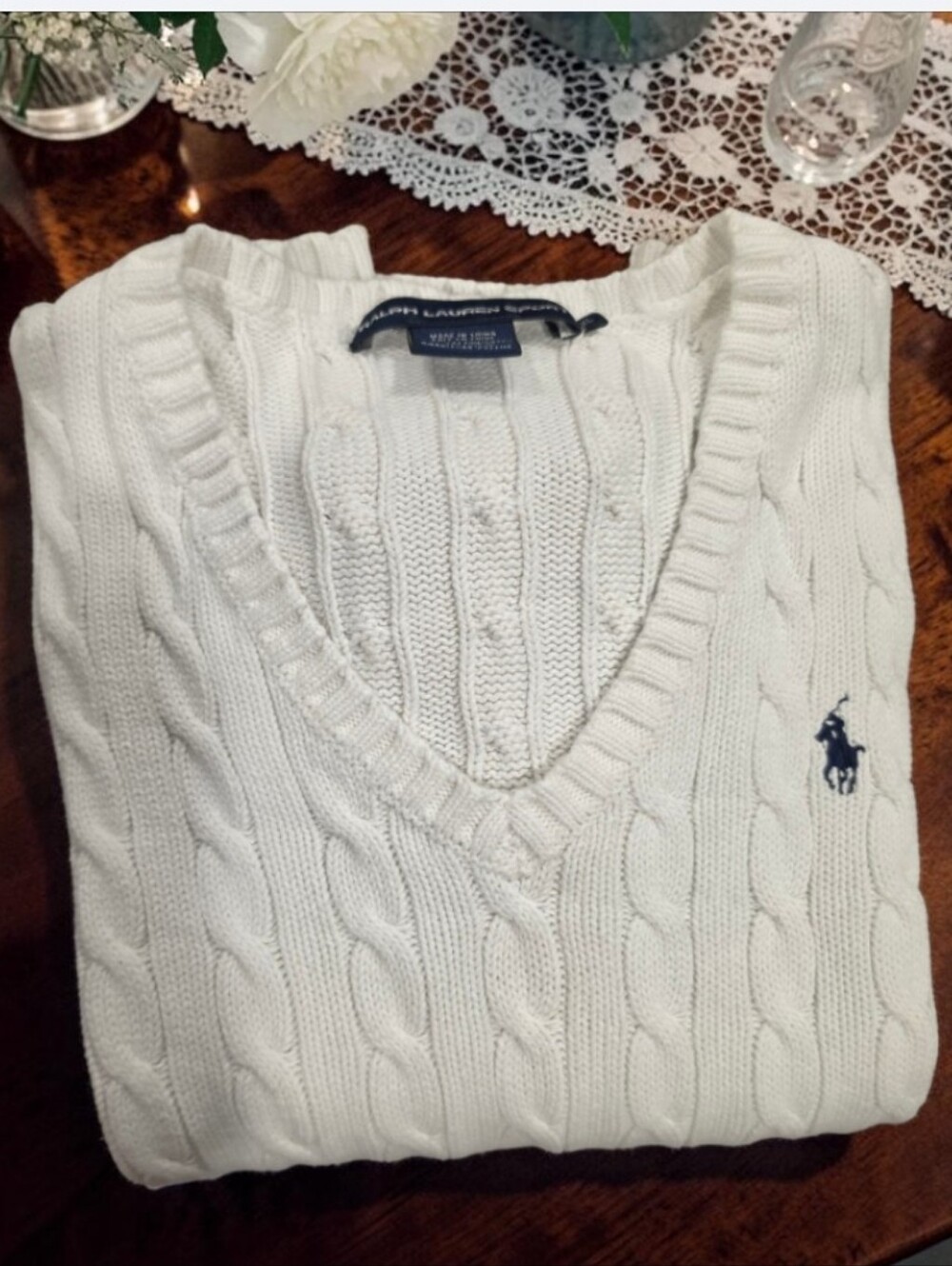 Ralph Lauren Women’s Cable-Knit V-Neck Sweater in White Size-XL